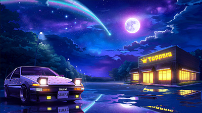 “A Memorable Starry Date Night” anime art automotive art car art car illustration digital art dreamy illustration japanese cars makotoshinkai trueno