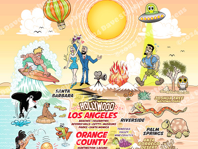 SoCal Card Design - Vertical alien beach cartoon cartoon map graphic design hiking hollywood hot air balloon illustration kids los angeles owl san diego souvenir sunset surfing vintage wall art wine