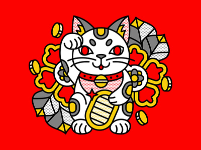 😸 Maneki-Neko cat coin folklore gold halftone illustration luck maneki neko monoline paw pop art tattoo