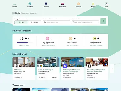 Platform for recruitmens applications ats cards dashboard employee filters flex flexrem header home hr jobs lists management match platform post profile remote search
