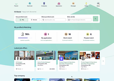 Platform for recruitmens applications ats cards dashboard employee filters flex flexrem header home hr jobs lists management match platform post profile remote search