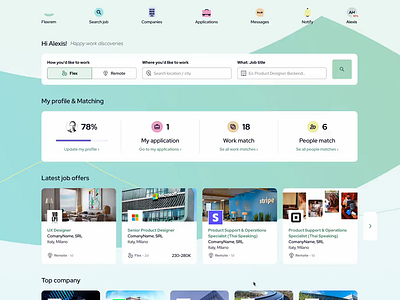 Platform for recruitmens applications ats cards dashboard employee filters flex flexrem header home hr jobs lists management match platform post profile remote search