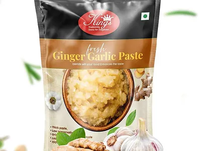 Kings - Ginger Garlic Paste Pouch Packaging branding creative design agency design food packaging design garlic paste pouch ginger garlic ginger garlic paste graphic design ketchup logo design packaging packaging design packaging design agency pouch design pouch packaging pouch packaging design agency