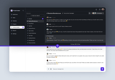 Communication channel for Task Management Tool 🗣 channels chat communication dark theme design light and dark theme messages task management ui