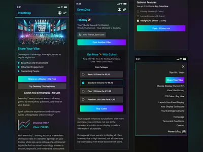 EventDisp web - Mobile app View black theme uiux event app ui menu ui mobile app black theme modern ui pricing plan uiux design web menu website black theme