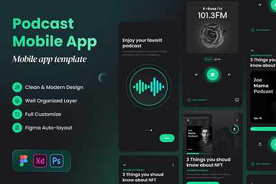 Podcast Audio Streaming Mobile App app application audio broadcast design illustration interface listening microphone mobile mockup online online application phone phone podcast smartphone template theme web