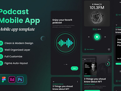 Podcast Audio Streaming Mobile App app application audio broadcast design illustration interface listening microphone mobile mockup online online application phone phone podcast smartphone template theme web