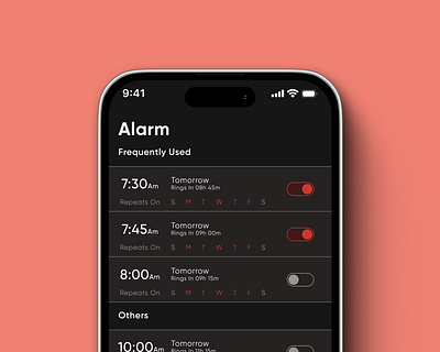 Alarm List Screen UI Design alarm app app design application art branding clean clock creative dailyui dark design digital art interface minimal modern red ui ux