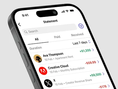 Financial Statement - Concept app bank banking date filter finance financial statement fintech ios list mobile mobile banking money sarjil statement ui ux