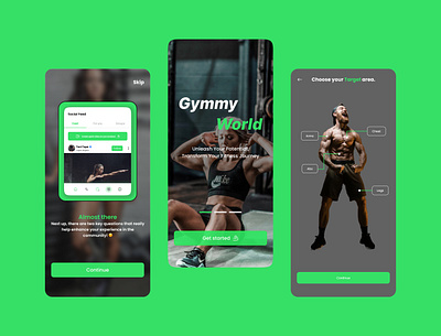 Gym Fitness Mobile App andriod app design figma fitness followers green gym lemon logo mobile prototype reels settings social media status stories ui ux workout