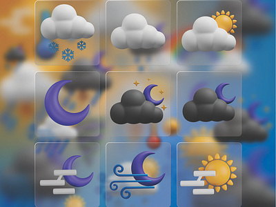 weather 3D icon Set 3d 3d icons blender cloud cloudy day cloudy night forcast 3d icons icon illustration mist moon night snow snowfall sunny day ui ux weather 3d icons wind windy night