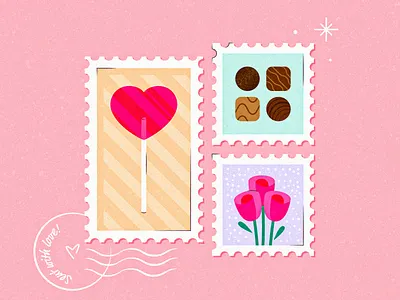 Valentine Stamps adobeillustrator chocolate cute flat design flowers heart iconography illustration lolipop roses stamps valentine vectorart