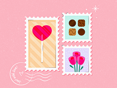 Valentine Stamps adobeillustrator chocolate cute flat design flowers heart iconography illustration lolipop roses stamps valentine vectorart