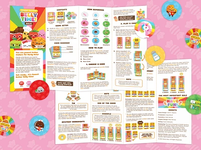 Peanut Butter Belly Time Instruction Booklet Design branding character design childrens illustration colorful design family friendly flat food characters fruit characters fun game game design illustration illustrator instruction booklet print design print layout rulebook texture token vector