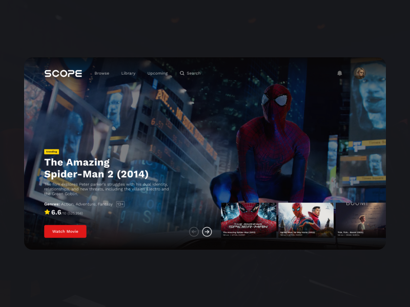Scope - Movies Platform Web UI black dark inspiration landing page login magical movies netflix night red show theatre ui ux web design