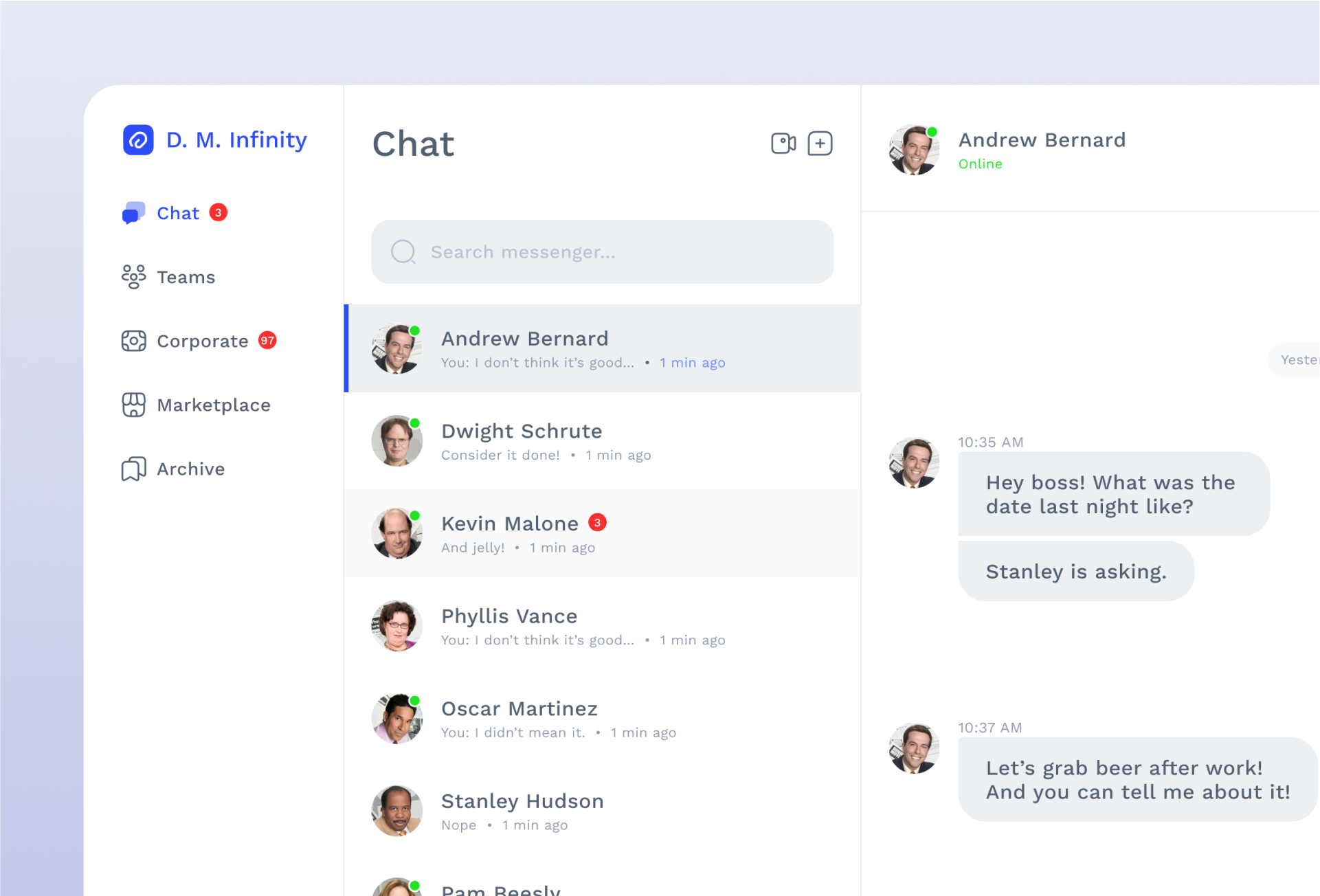 Dunder Mifflin Infinity - Messenger ui