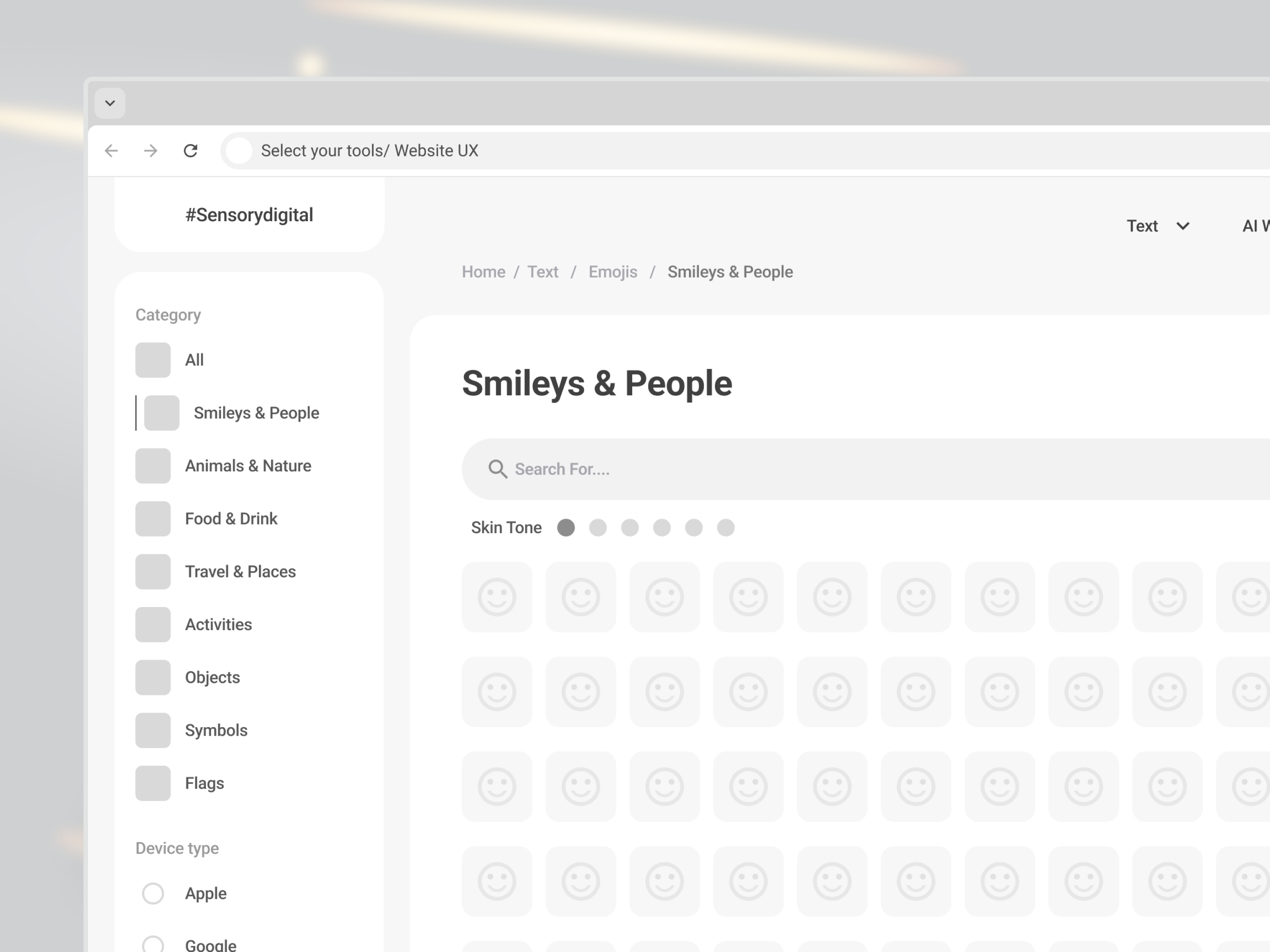 Website with emoji selection | Lo-Fi categorization copy emoji filter icon set media minimal navigation product design rich content search side nav social sort sort by top menu user interface ux ux design website