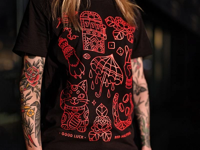 Good Luck Tee apparel black cat dice horse shoe illustration luck monoline rabbit foot red slot machine superstition tattoo tee tshirt umbrella