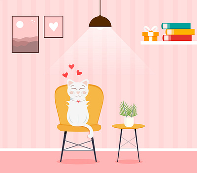 Cozy pink room interior design aesthetic beauty bookshelf cartoon cat chair cozy cute kitty drawing fashion gifts illustration interior lamp living room pink plant stool vector wall frame