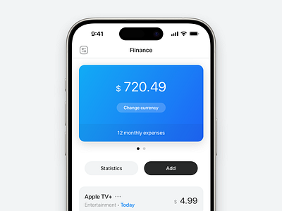 Fiinance - Home screen amount app card category currency expense finance header ios iphone list menu mobile monthly options screen slideshow subscription track tracker