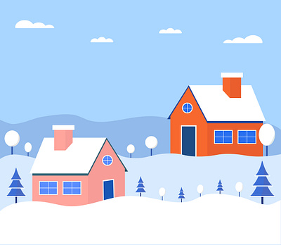 Winter landscape scene with houses, tree and clouds. apartment blue cartoon clouds cold cute forest holidays home houses landscape orange outdoor pink snowfall style tree vector winter winter scene