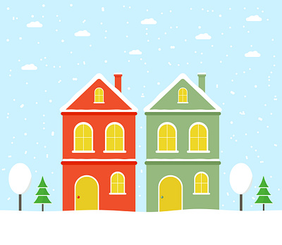 Winter snowfall scene with houses and tree apartment architecture blue building cartoon clouds design forest greeting card home house illustration landscape snow snowfall tree vector winter card winter scene