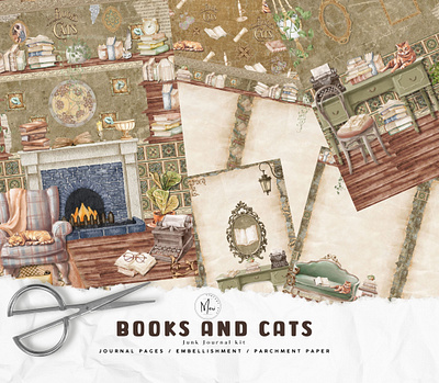 BOOKS AND CATS junk journal kit branding clipart design ephemera graphic design illustration junk journal scrapbook