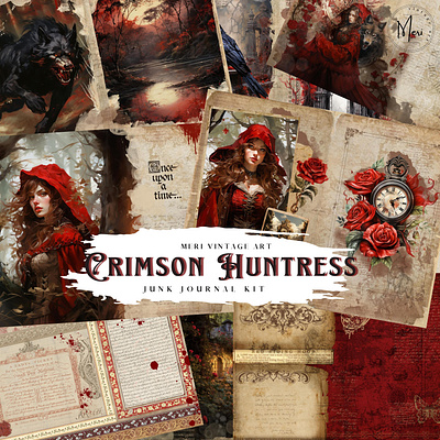 Crimson Huntress, a Red Riding-inspired junk journal branding clipart design ephemera graphic design illustration junk journal scrapbook