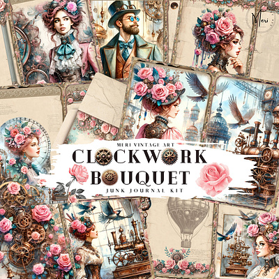 Clockwork bouquet, steampunk junk journal kit branding clipart design ephemera graphic design illustration junk journal scrapbook