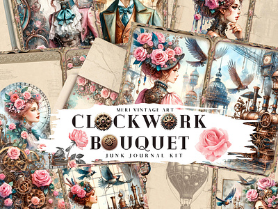 Clockwork bouquet, steampunk junk journal kit branding clipart design ephemera graphic design illustration junk journal scrapbook