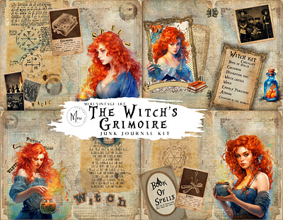 The witch's grimoire junk journal kit branding clipart design ephemera graphic design illustration junk journal scrapbook