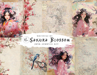 Sakura Blossom junk journal kits branding clipart design ephemera graphic design illustration junk journal scrapbook