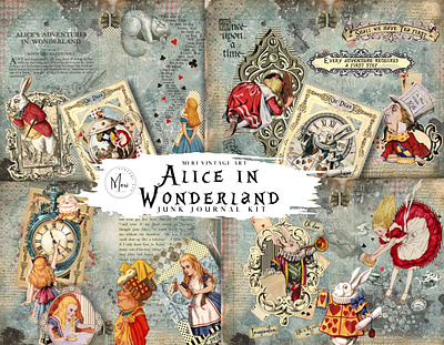 Alice in wonderland junk journal kit branding clipart design ephemera graphic design illustration junk journal scrapbook