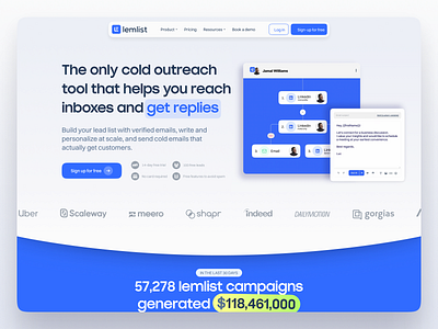 New lemlist home page hero section lemlist lempire prospecting saas sales social proof software visual design website