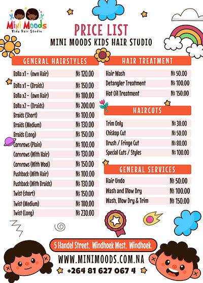 Price List Design For Kids hair Studio graphic design logo price list