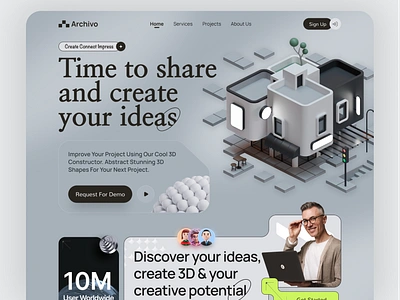 3D Visual Concept Hero Section Design 3d 3d art 3d model agency blender character concept constract creaftwork creative header illustration isometric landingpage layout design rendering shapes software visual design website design