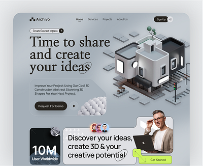 3D Visual Concept Hero Section Design 3d 3d art 3d model agency blender character concept constract creaftwork creative header illustration isometric landingpage layout design rendering shapes software visual design website design