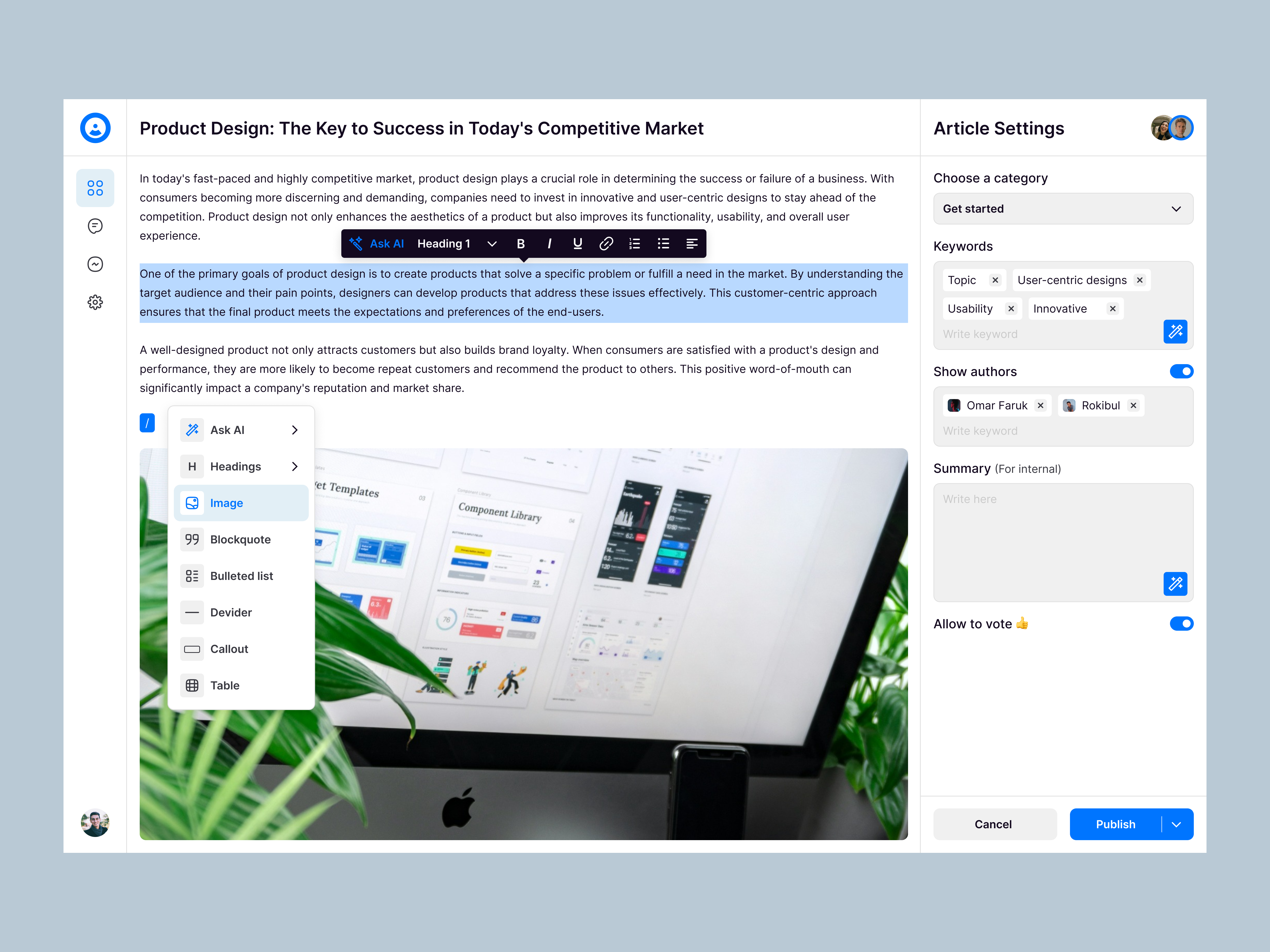 Knowledge base editor ai assist editor help center help desk knowledgebase product design saas