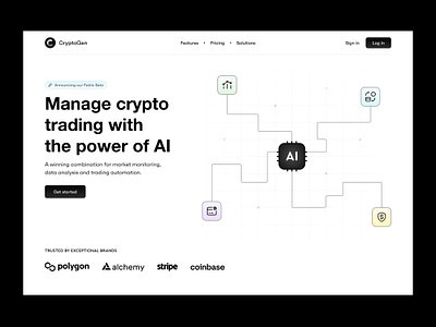 CryptoGen // Hero section ai ai platform blockchain crypto cryptocurrency cryptotrading cryptowallet defi exchange finance fintech graphic design hero section illustration management saas saas platform trading ui design web design