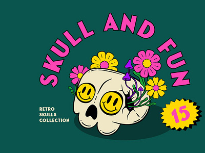 Skulls Funny Collection cartoon cartoon monster character character design comic groovy halloween hippie logo template retro skull and flower skull art skull illustration skull logo skull vector tattoo illustration vintage