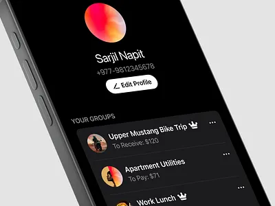 Bill Split Groups - Dark Mode (Concept) app banking bill split bill split groups bill split profile clean ui dark mode finance fintech groups ios minimal ui mobile profile ui uiux ux
