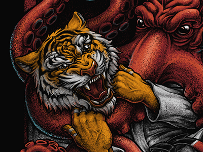 Battle of a tiger and an octopus - for Jiu-Jitsu club animal illustration oleggert tiger