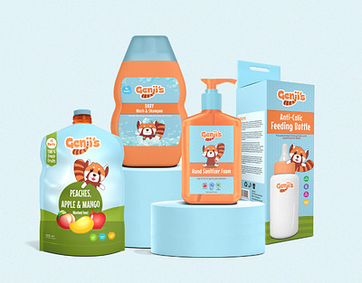 Genji's | Baby Cosmetic & Food Brand Identity baby brand identity branding care cartoon character design food packaging graphic design illustration kids logo mascot milk packaging product red panda shampoo ui vector