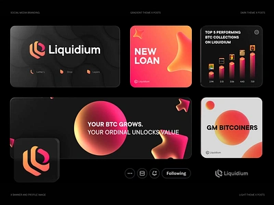 Liquidium Social Media Branding 3d animation banner bitcoin blockchain borrow branding btc defi gradient icon identity lettering logo ordinal social x