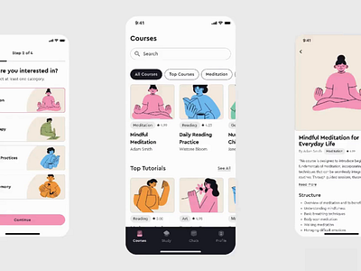 Mental Health App branding cardsorting courses design edtech healthcare illustrations meditation mental health mobile app mobile design ui uiux