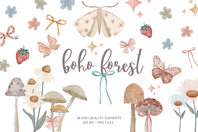Watercolor Cottagecore Clipart boho clipart butterfly clip art graphics clipart for kids cute clipart graphics daisy clipart daisy graphics floral clipart forest clipart illustration kids clipart mushrooms