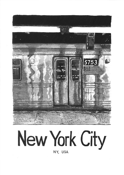 Poster New York City subway car 5753 drawing illustration ink drawing ink sketching new york nyc sketch subway urban sketching