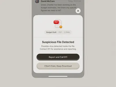 Download File Alert 🚨 alert bottomsheet brown button clean close confirmation design download file icon illustration interface minimal modal popup secured security simple ui