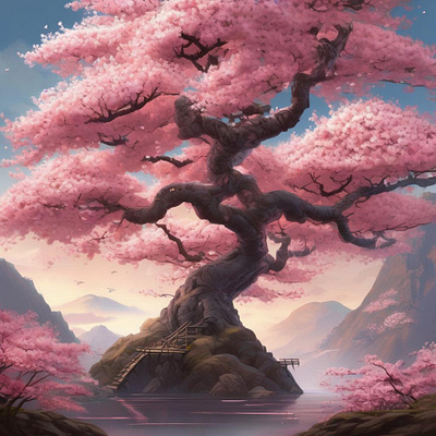 Sacred Sakura tree digital art digital design graphic design illustration landscape pink