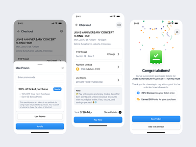 Payment - Crypto Payment Revolution for Event Ticketing apps check out calendar check out clean design gateway mobile check out pay now payment promo purchase ticket ui ux
